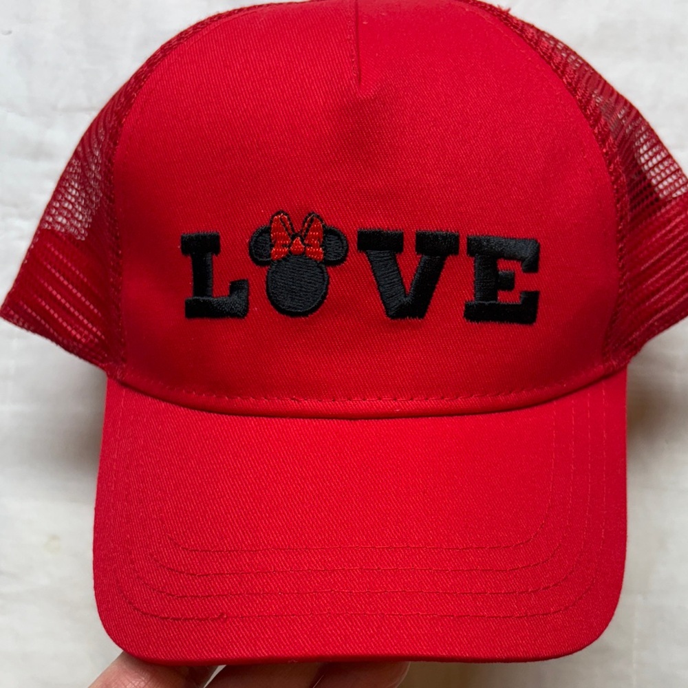Disney Minnie Mouse Kids Red LOVE Trucker Hat Snapback with 3D‎ Back Bow